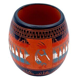 Handmade Navajo Handpainted & Etched Pottery Vase Or Candle Holder Signed E.B. W